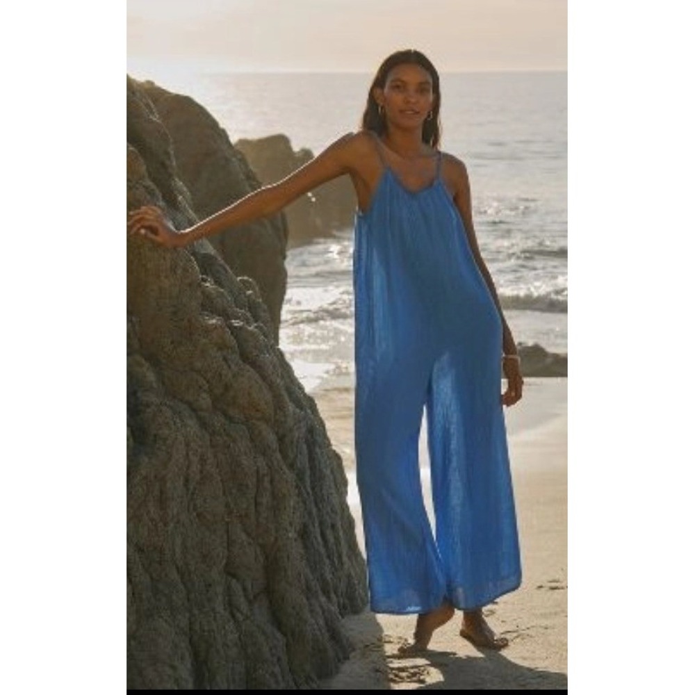 ANTHROPOLOGIE Malika Gauze Jumpsuit Womens XL Blue Cotton Wide Leg Coastal Beach